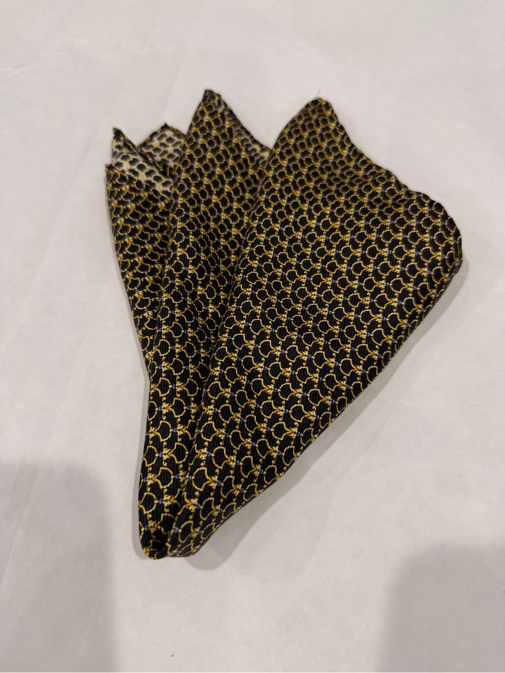 Silk Black and Gold Patterned Pocket Square Scarf 13”x 13”